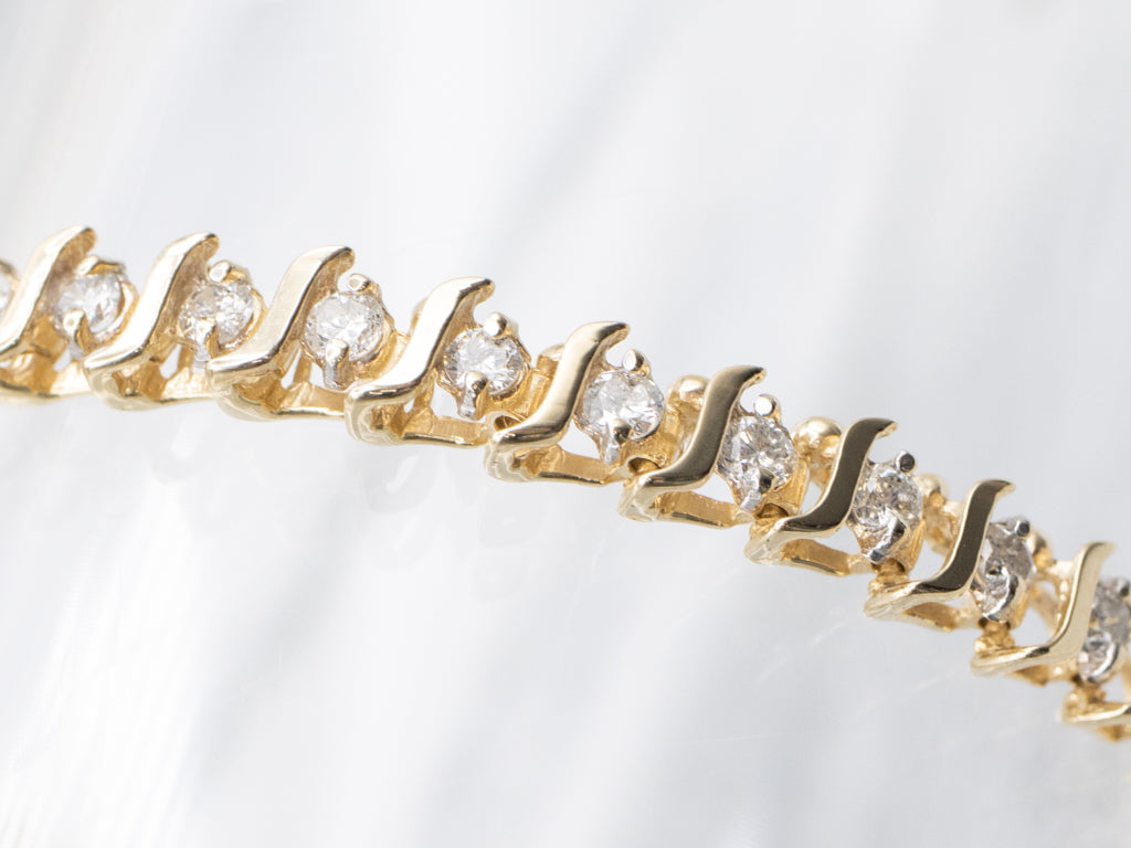 Gold Curved-Bar Link Diamond Tennis Bracelet