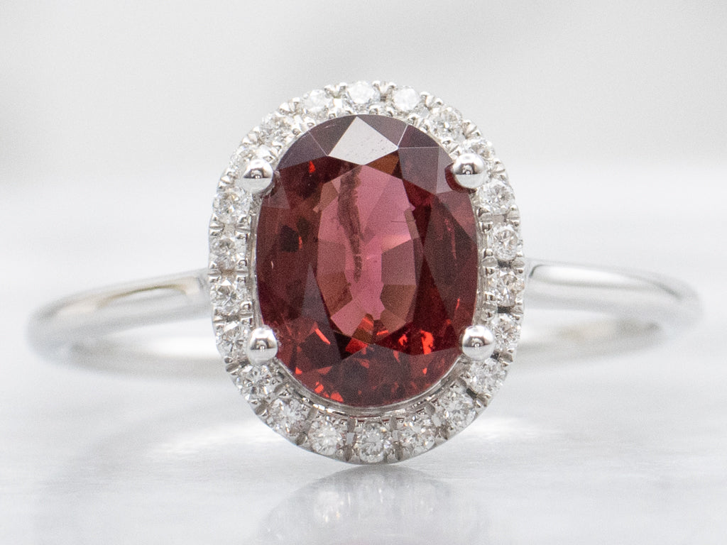 Modern Gold Red Spinel and Diamond Halo Ring