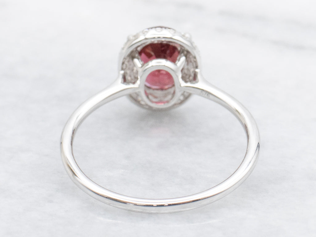 Modern Gold Red Spinel and Diamond Halo Ring