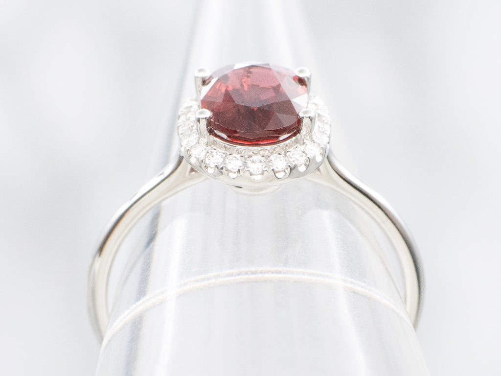 Modern Gold Red Spinel and Diamond Halo Ring