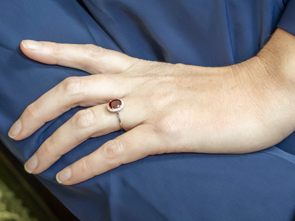 Modern Gold Red Spinel and Diamond Halo Ring