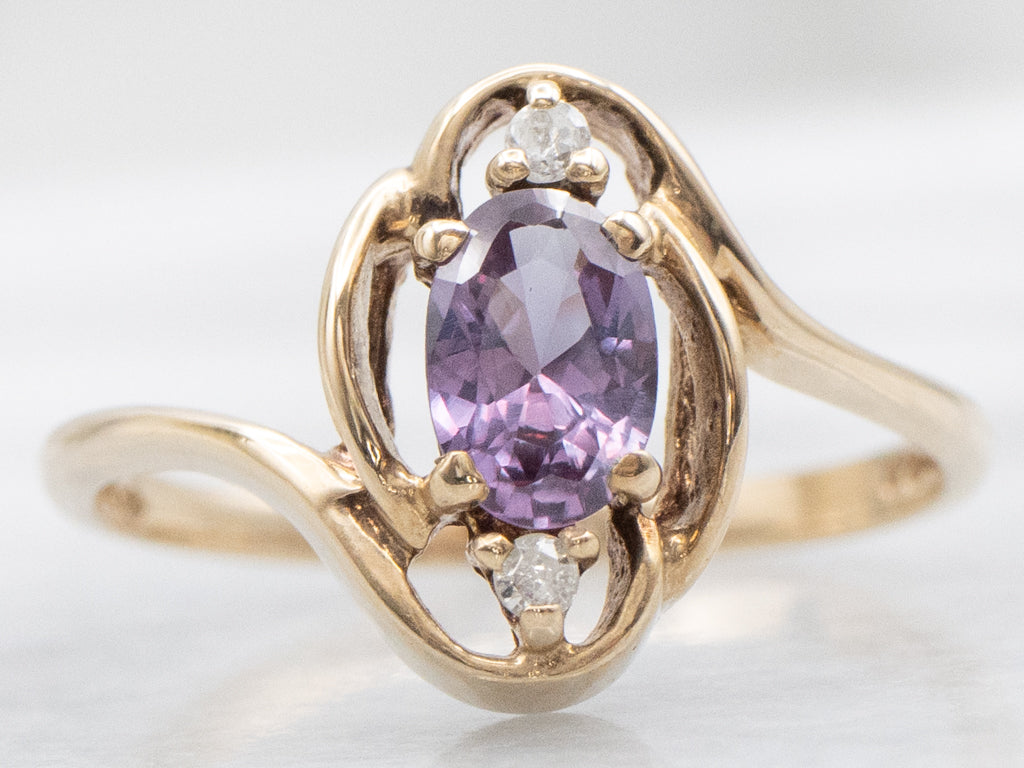 Vintage Gold Purple Sapphire and Diamond Three Stone Bypass Ring