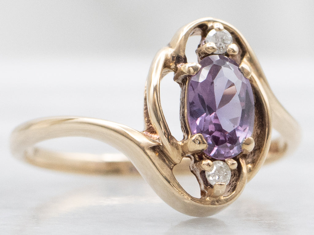 Vintage Gold Purple Sapphire and Diamond Three Stone Bypass Ring