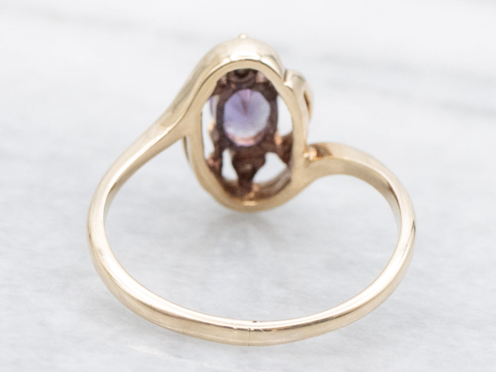 Vintage Gold Purple Sapphire and Diamond Three Stone Bypass Ring