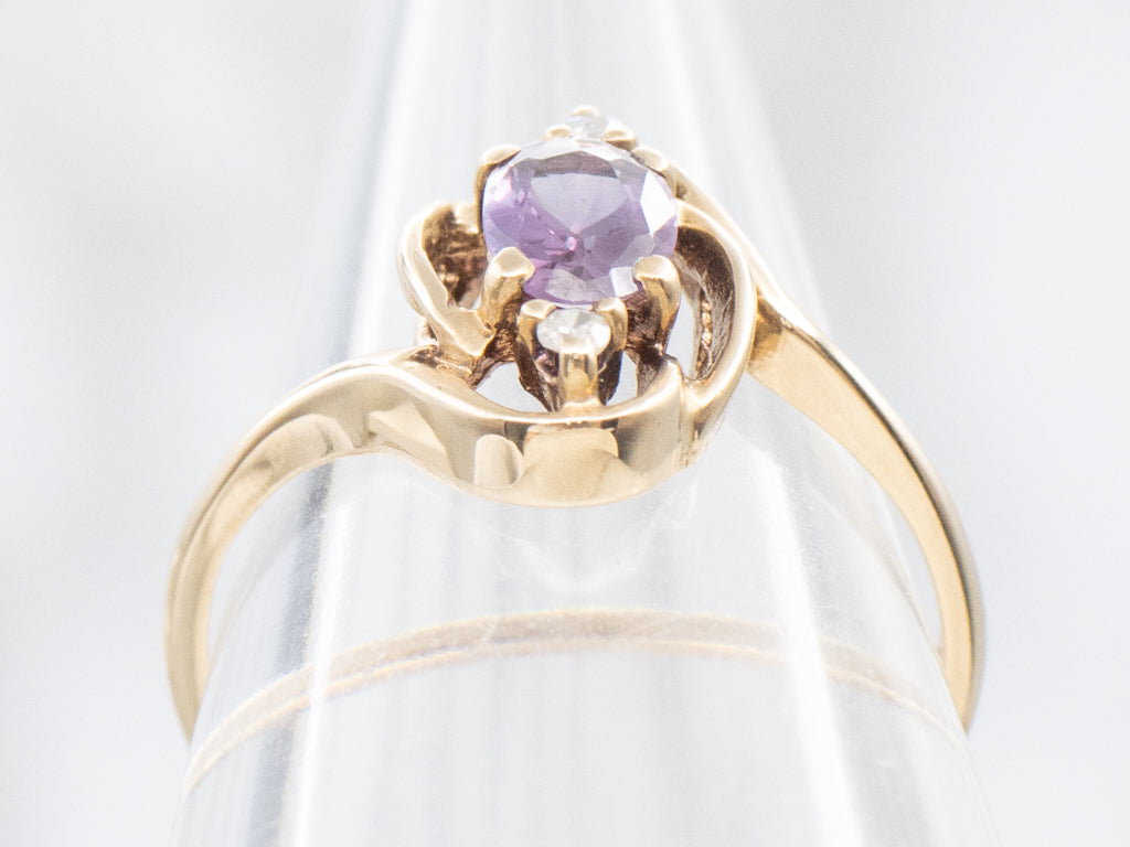 Vintage Gold Purple Sapphire and Diamond Three Stone Bypass Ring