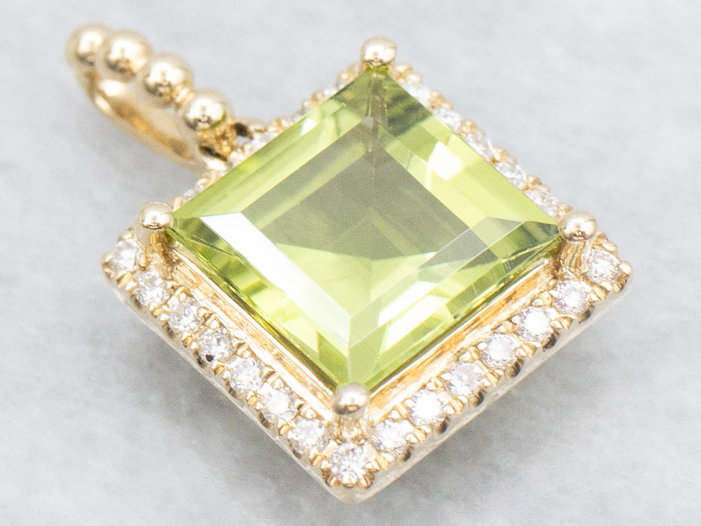 Modern Square-Cut Peridot and Diamond Halo Gold Pendant