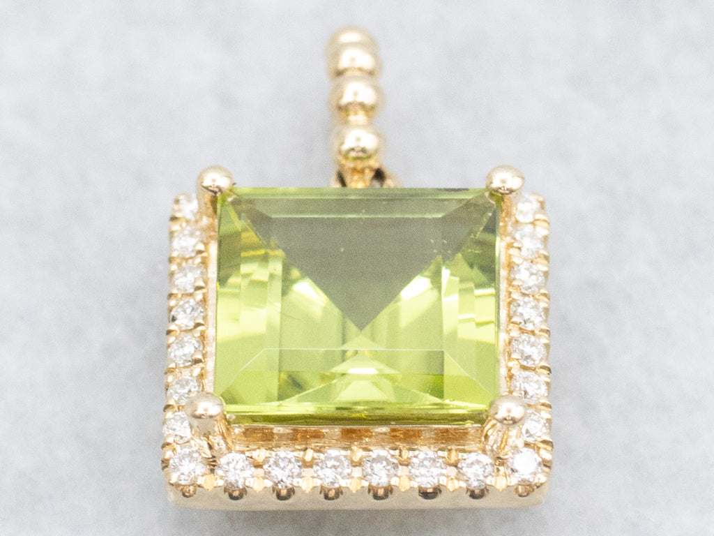 Modern Square-Cut Peridot and Diamond Halo Gold Pendant