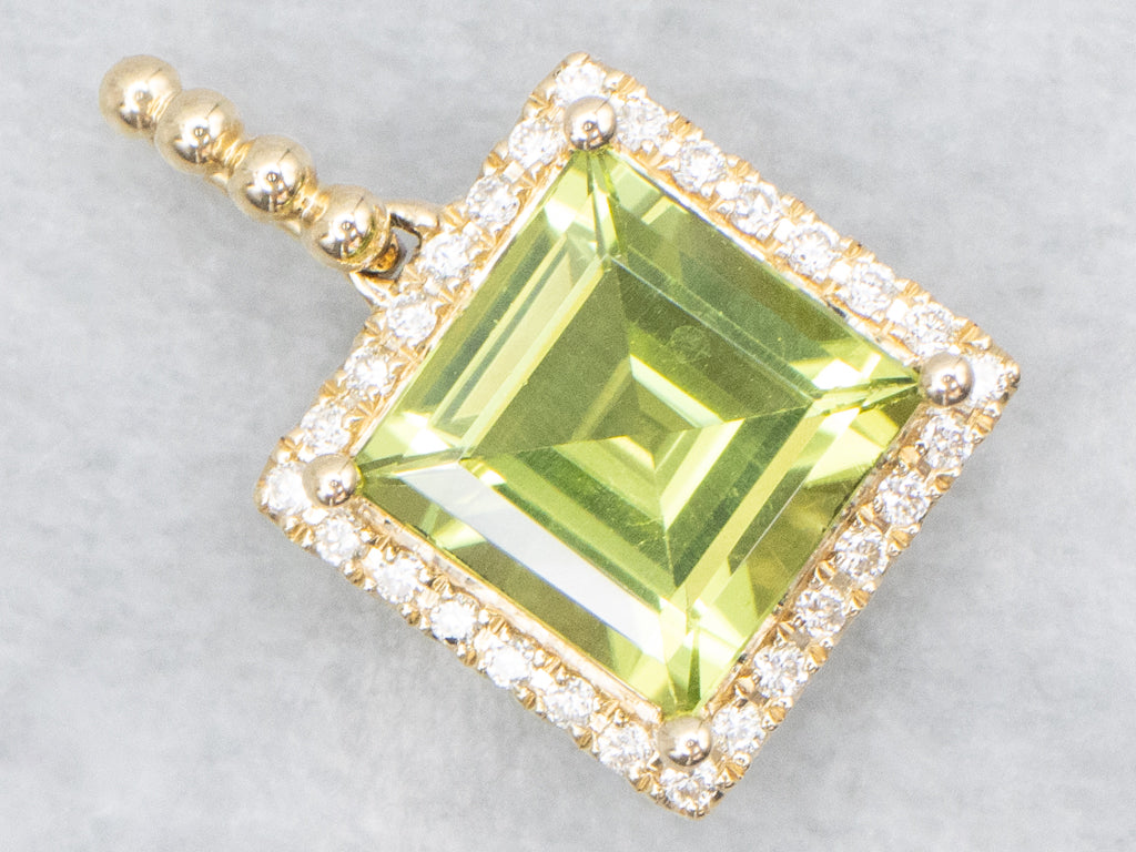 Modern Square-Cut Peridot and Diamond Halo Gold Pendant