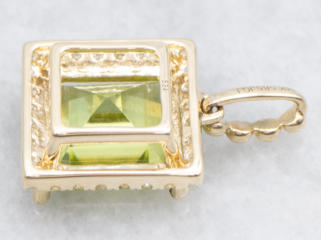 Modern Square-Cut Peridot and Diamond Halo Gold Pendant