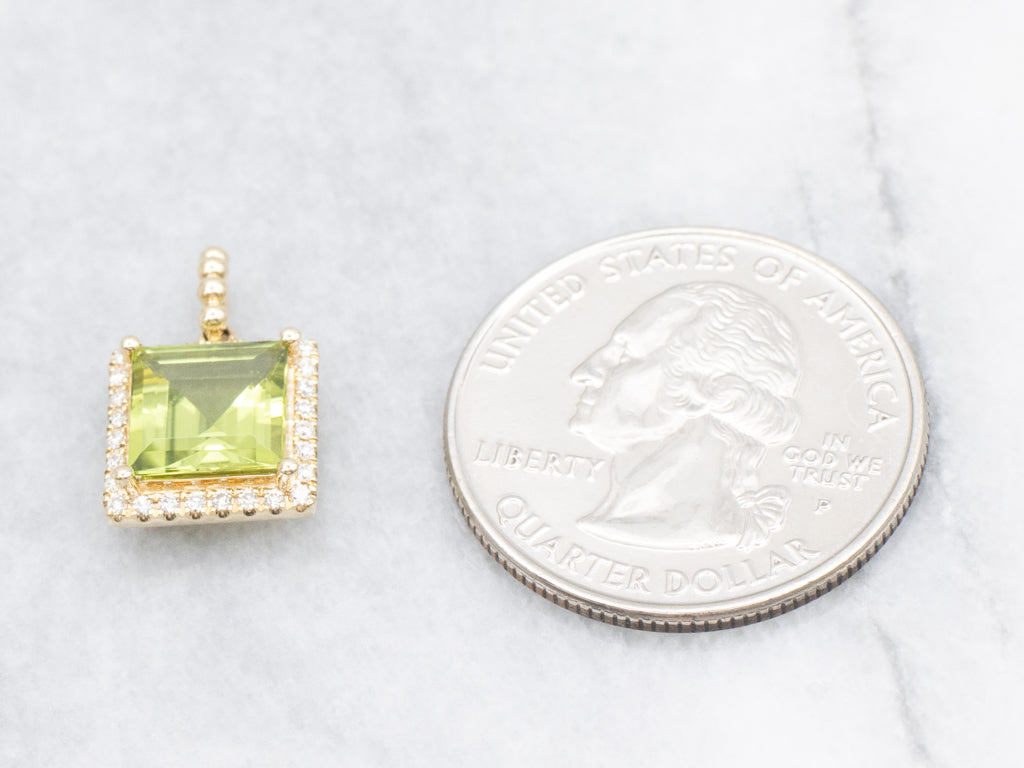 Modern Square-Cut Peridot and Diamond Halo Gold Pendant