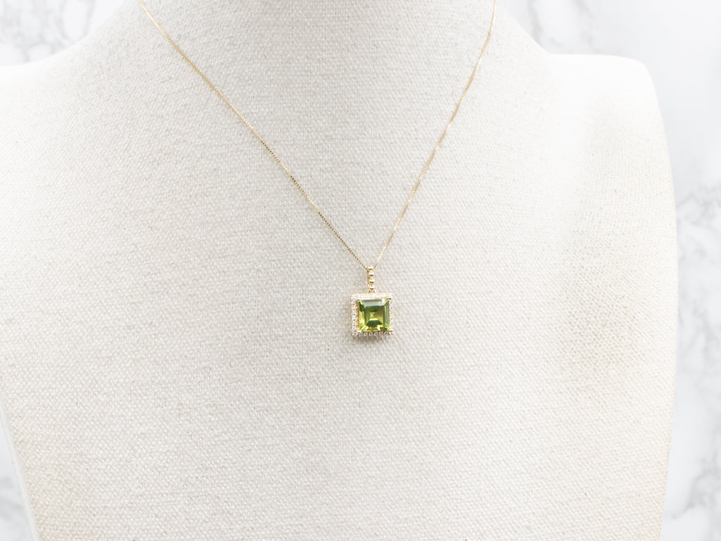 Modern Square-Cut Peridot and Diamond Halo Gold Pendant