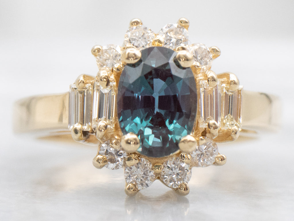Synthetic Alexandrite Mix-Cut Diamond Halo Ring