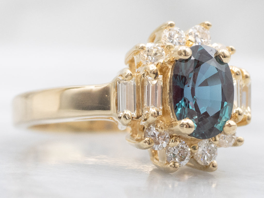 Synthetic Alexandrite Mix-Cut Diamond Halo Ring
