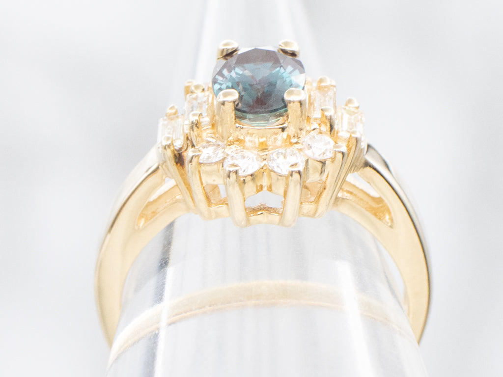 Synthetic Alexandrite Mix-Cut Diamond Halo Ring