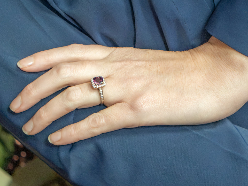 White Gold Cushion-Cut Pink Sapphire and Diamond Halo Ring