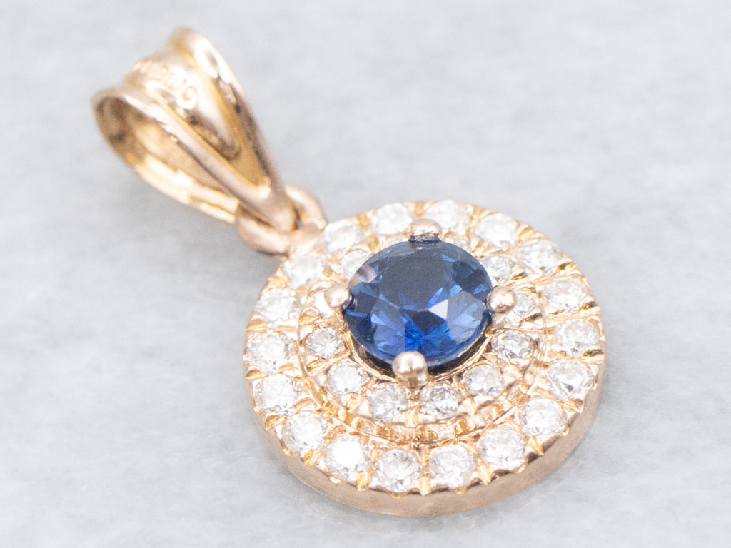 Rose Gold Sapphire and Double Diamond Halo Pendant
