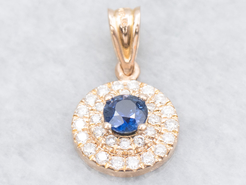 Rose Gold Sapphire and Double Diamond Halo Pendant