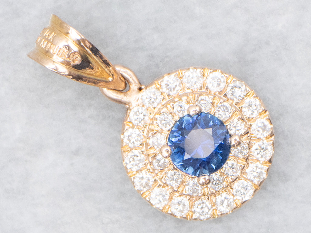 Rose Gold Sapphire and Double Diamond Halo Pendant
