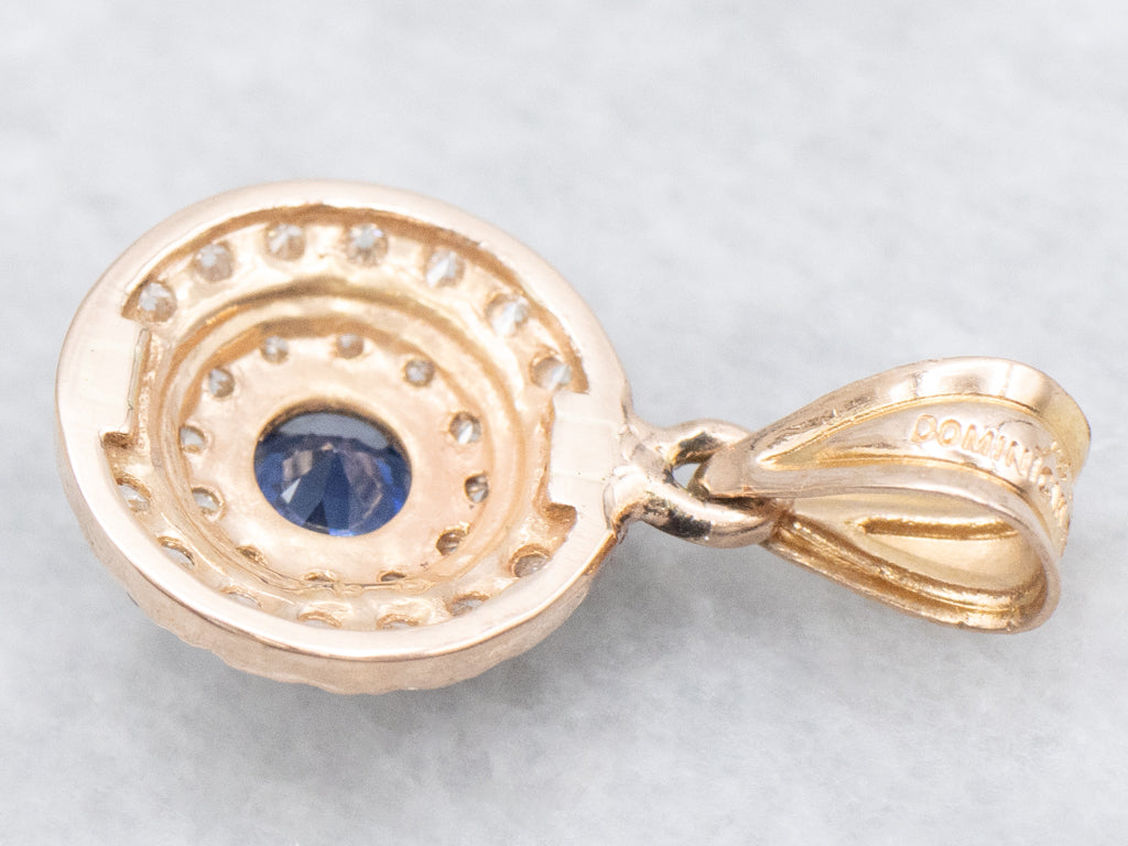 Rose Gold Sapphire and Double Diamond Halo Pendant