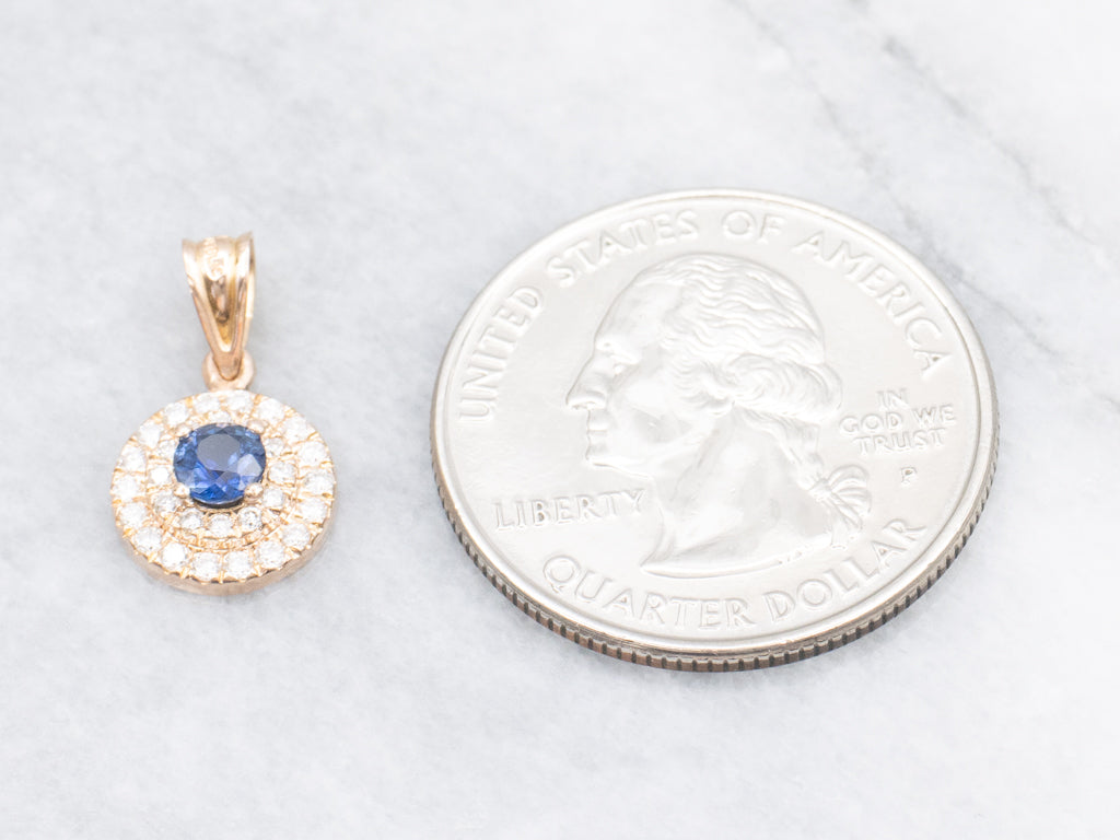 Rose Gold Sapphire and Double Diamond Halo Pendant