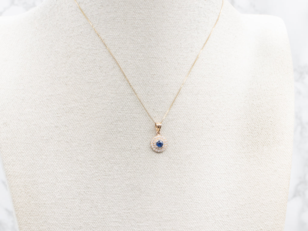 Rose Gold Sapphire and Double Diamond Halo Pendant