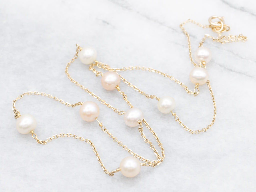 Italian Gold Freshwater Pearl Station Chain Necklace