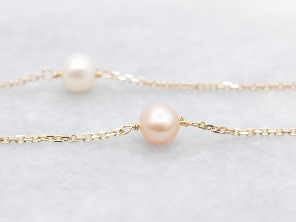 Italian Gold Freshwater Pearl Station Chain Necklace