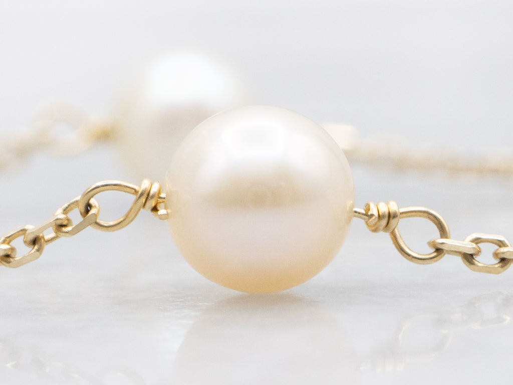 Italian Gold Freshwater Pearl Station Chain Necklace