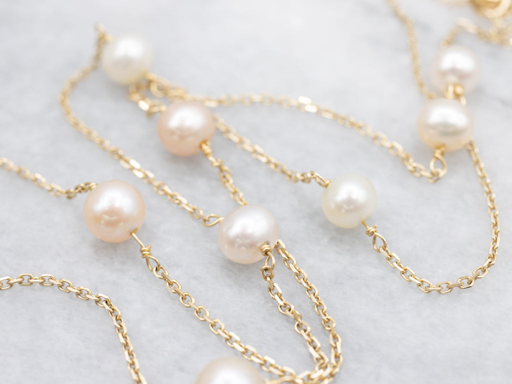 Italian Gold Freshwater Pearl Station Chain Necklace
