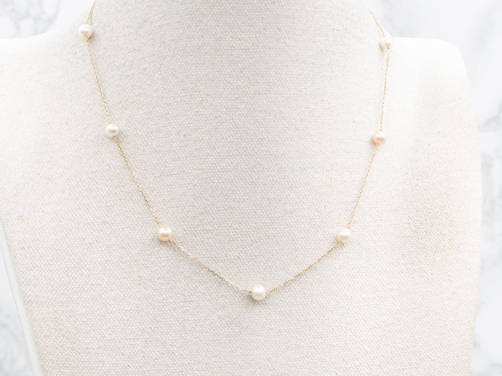 Italian Gold Freshwater Pearl Station Chain Necklace