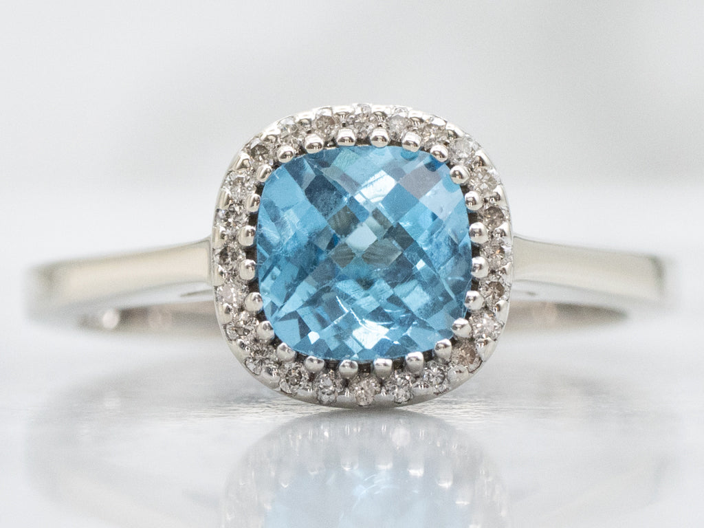 Cushion-Cut Blue Topaz and Diamond Halo Ring