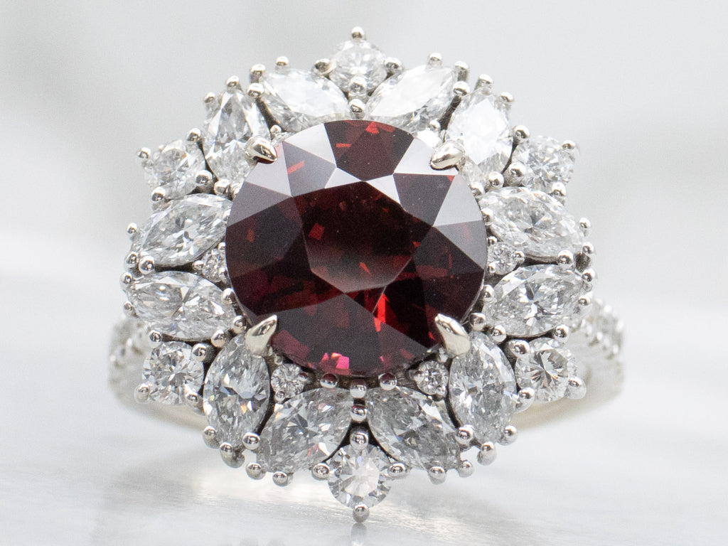 White Gold Garnet and Mix-Cut Diamond Cluster Ring