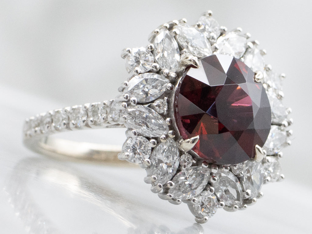 White Gold Garnet and Mix-Cut Diamond Cluster Ring