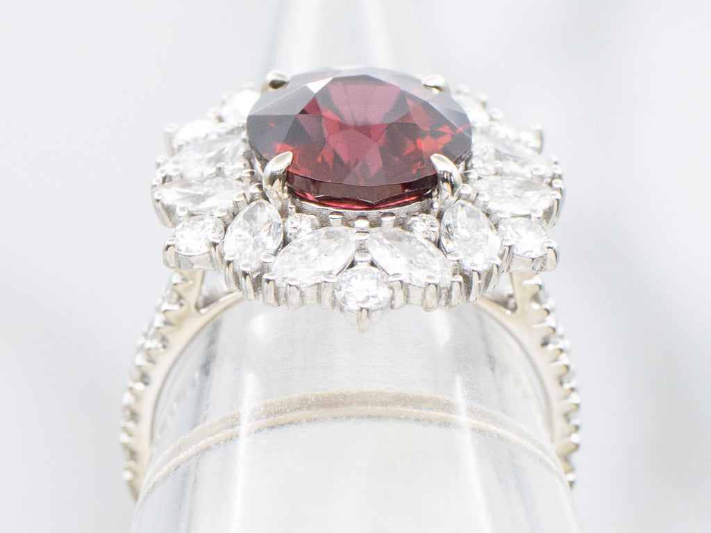 White Gold Garnet and Mix-Cut Diamond Cluster Ring