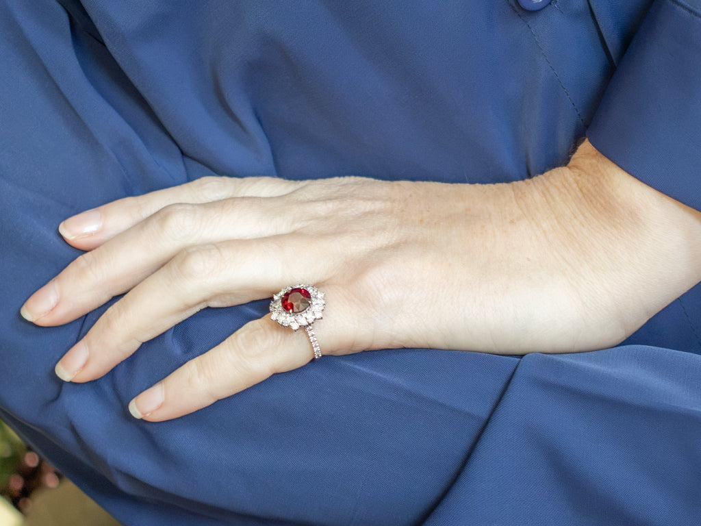 White Gold Garnet and Mix-Cut Diamond Cluster Ring