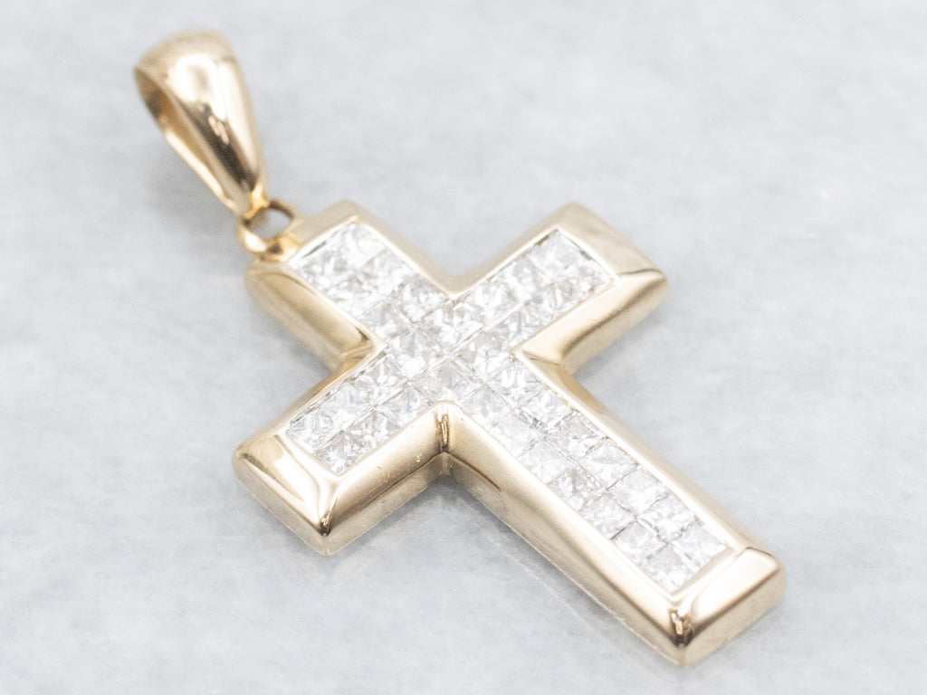 Princess-Cut Diamond Yellow Gold Cross Pendant