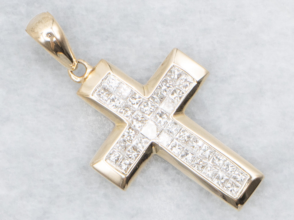 Princess-Cut Diamond Yellow Gold Cross Pendant