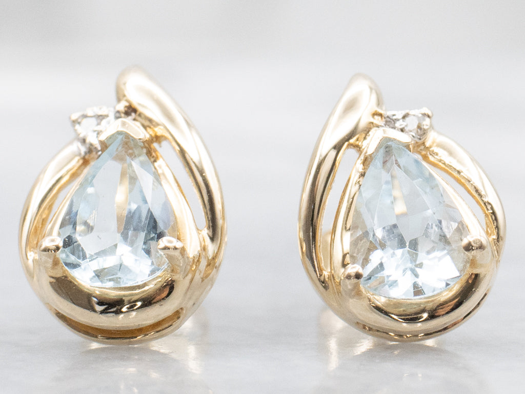 Pear-Cut Aquamarine Two Tone Stud Earrings with Diamond Accents
