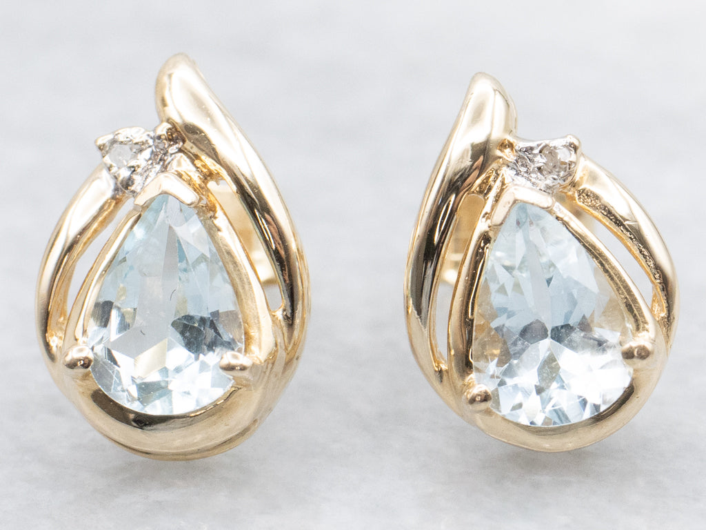 Pear-Cut Aquamarine Two Tone Stud Earrings with Diamond Accents