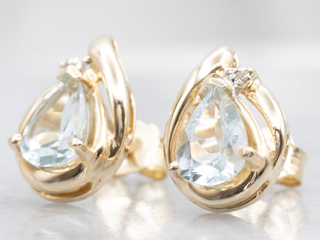 Pear-Cut Aquamarine Two Tone Stud Earrings with Diamond Accents