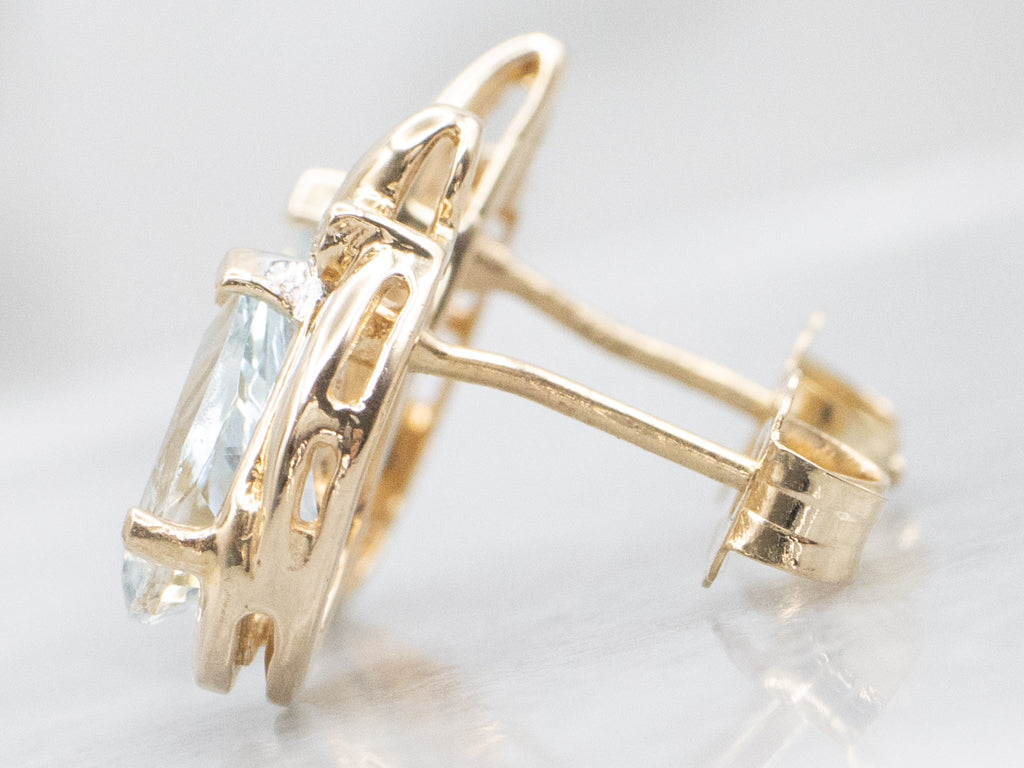Pear-Cut Aquamarine Two Tone Stud Earrings with Diamond Accents