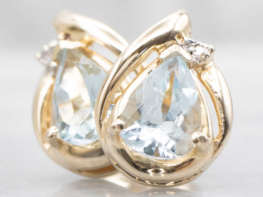 Pear-Cut Aquamarine Two Tone Stud Earrings with Diamond Accents