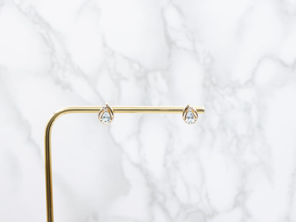 Pear-Cut Aquamarine Two Tone Stud Earrings with Diamond Accents