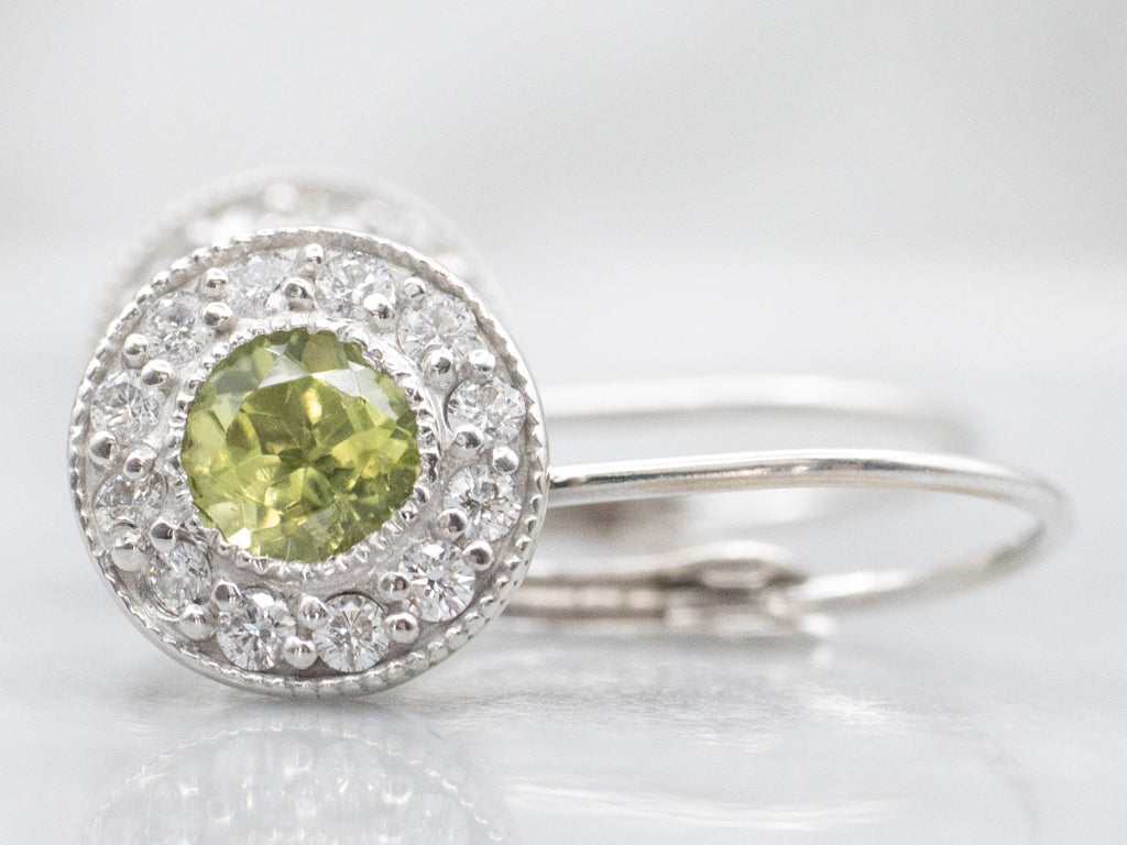 White Gold Peridot and Diamond Halo Drop Earrings