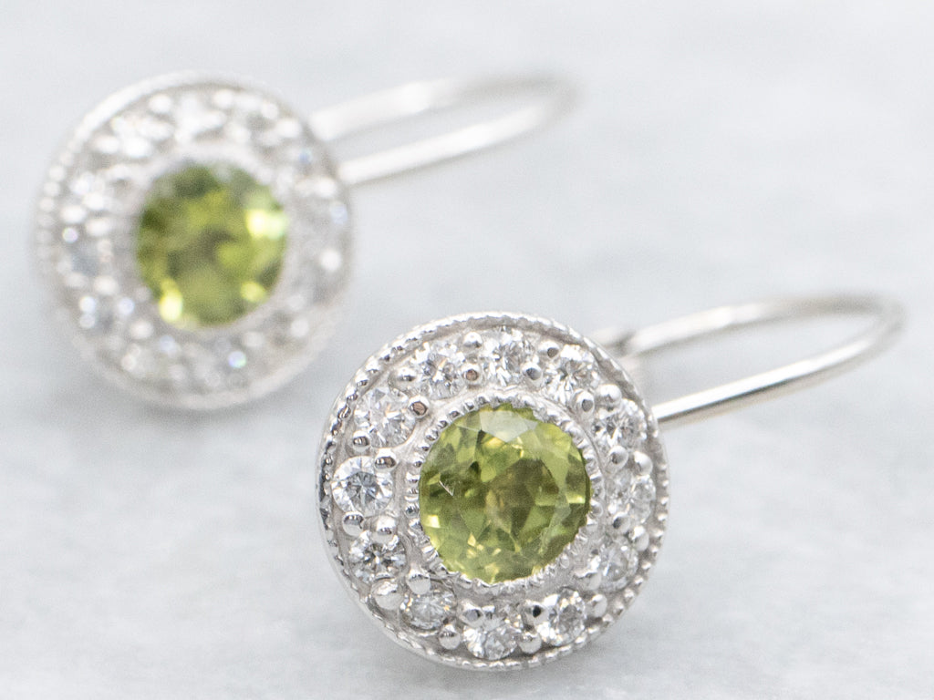 White Gold Peridot and Diamond Halo Drop Earrings