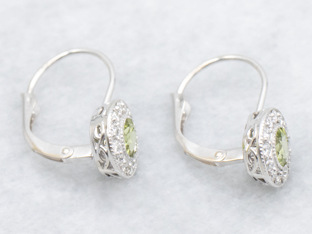 White Gold Peridot and Diamond Halo Drop Earrings
