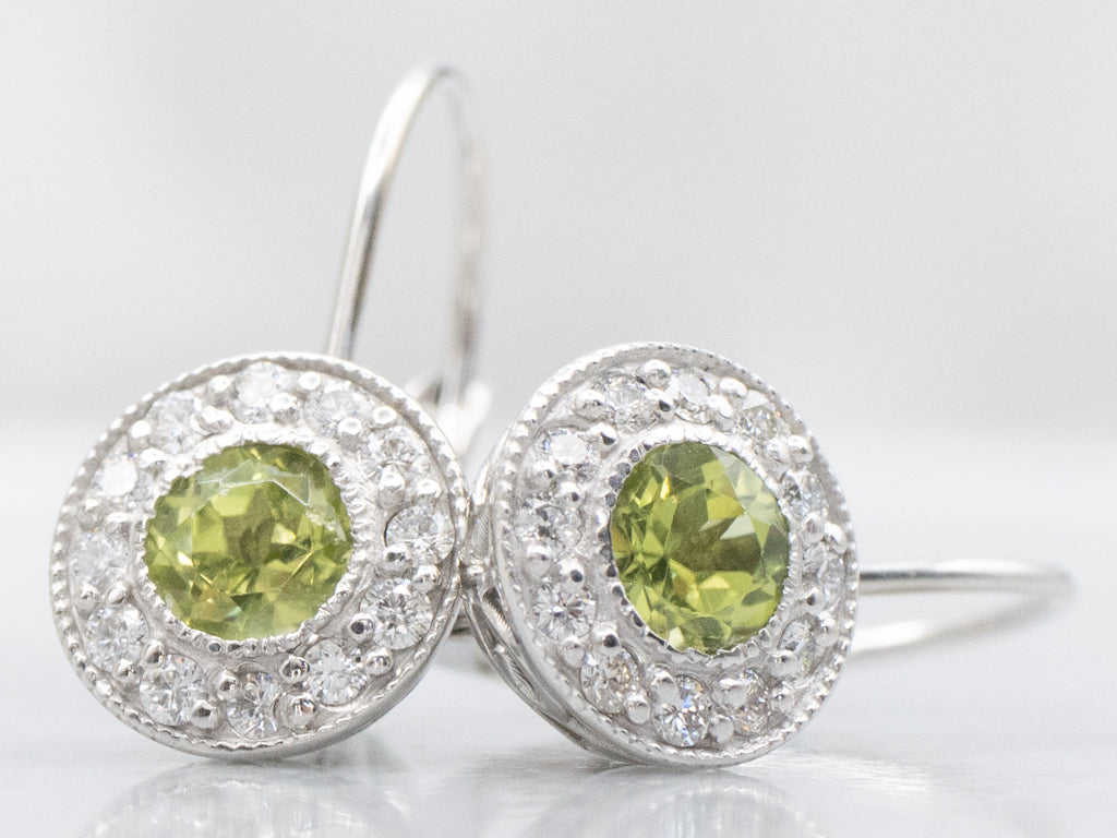 White Gold Peridot and Diamond Halo Drop Earrings