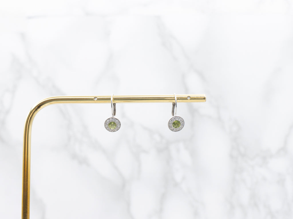 White Gold Peridot and Diamond Halo Drop Earrings