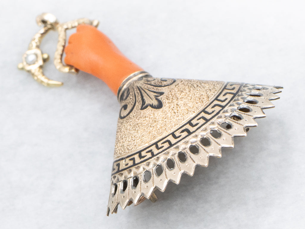 Antique Victorian Carved Coral Mano Figa Watch Fob Brooch