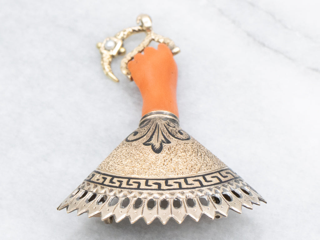 Antique Victorian Carved Coral Mano Figa Watch Fob Brooch